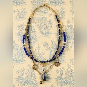 Blue Lapis Lazuli & Glass Beads In Three Strand Necklace In Gold Plated